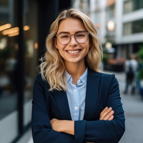Young woman with glasses smiling on city sidewalk